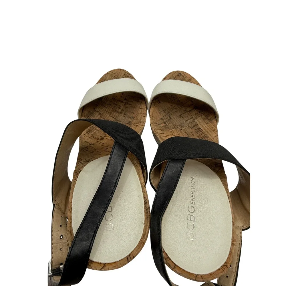 BCBGeneration Heels Women's 7.5B Black Cream Strappy Sandals‎ Cork Platform
